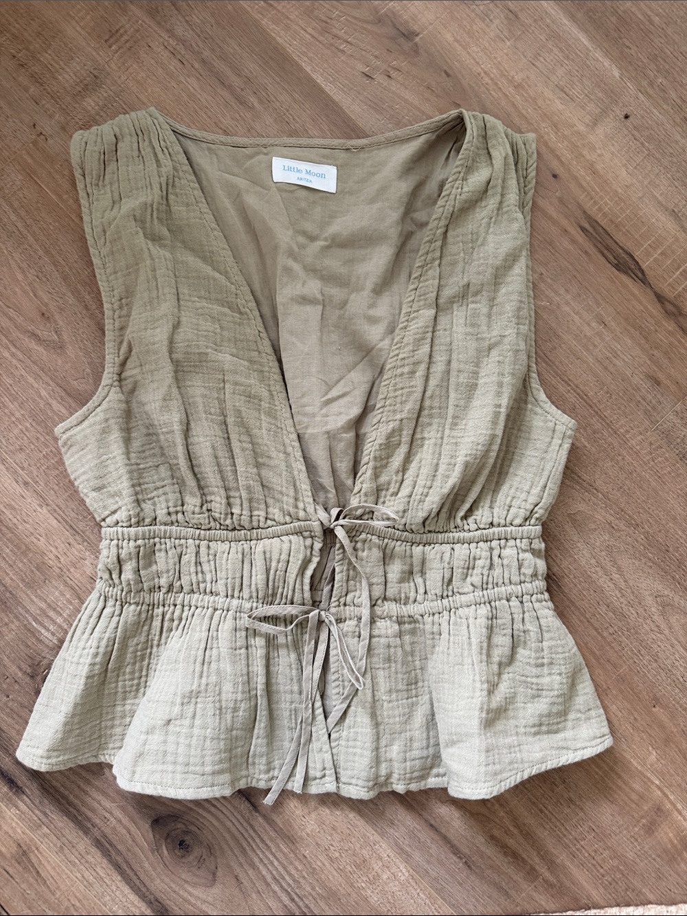 Little Moon Olive Tie-Front Peplum Gauze Top